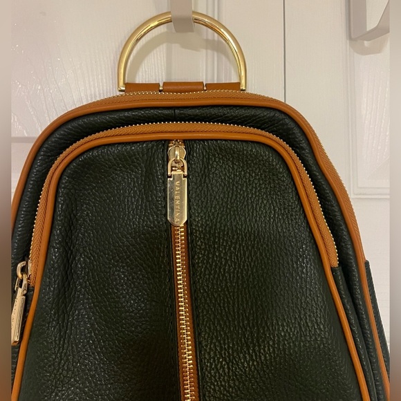 Valentina Pebbled Leather Convertible Backpack in Dark Green With Tan Trim main image 7